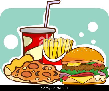 Menu fast food con classico hamburger americano al formaggio, patatine fritte e tazza di bibita analcolica. illustrazione vettoriale isolata su sfondo bianco Illustrazione Vettoriale