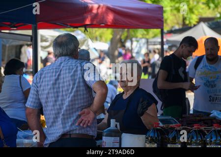 Una bancarella che vende salumi e formaggi locali al mercato delle pulci contadino del sabato settimanale, Estremoz, Alentejo, Portogallo Foto Stock