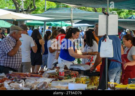 Una bancarella che vende salumi e formaggi locali al mercato delle pulci contadino del sabato settimanale, Estremoz, Alentejo, Portogallo Foto Stock