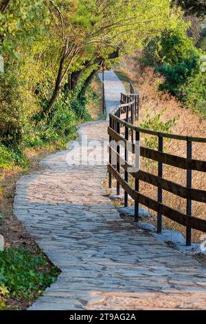 Percorso in cemento, curve tavole di legno marrone scuro come recinzione. Sentiero per la foresta. Ohrid Macedonia 2023 Foto Stock