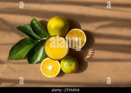 Un succo di arancia fresco con foglie verdi e fondo rustico marrone Foto Stock