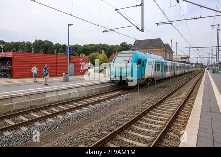 Eisenbahnverkehr im Bahnhof Bad Bentheim - Regionalbahn Zug der Eurobahn RB 61, Wiehengebirgs-Bahn, Hengelo - Bielefeld. Eingesetzt werden Triebwagen vom Typ Stadler Flirt, Mehrsystem D/NL Bad Bentheim, Niedersachsen, DEU, Deutschland, 22.08.2023 *** traffico ferroviario presso la stazione di Bad Bentheim treno regionale di Eurobahn RB 61, Wiehengebirgs Bahn, Hengelo Bielefeld Stadler Flirt sono utilizzati vagoni ferroviari multisistema D NL Bad Bentheim, Germania, 22, credito UE 2023, Germania: Imago/Alamy Live News Foto Stock