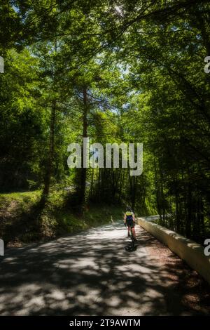 Ciclista donna sulla strada da Venosc a Saint-Christophe-en-Oisans, Alpi francesi. Foto Stock