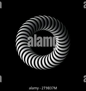 Spirale astratta, elemento vortex. Linee radiali piegate. Elemento gradiente isolato su nero. Illustrazione Vettoriale