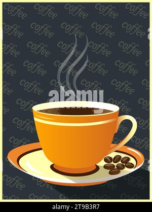 Tazza da caffè arancione con immagine vettoriale del poster di design di vapore e chicchi Illustrazione Vettoriale