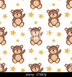 L'orsacchiotto ondeggia il motivo senza cuciture della zampa. Sfondo carino con orso giocattolo e stelle. Baby print per tessuti, abbigliamento, tessuti, carta da parati, imballaggi Illustrazione Vettoriale