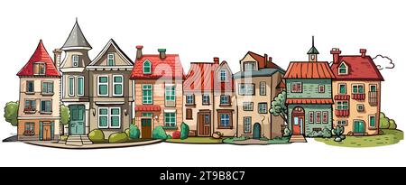 Case carine, edifici della città vecchia in Europa. Illustrazione Vettoriale
