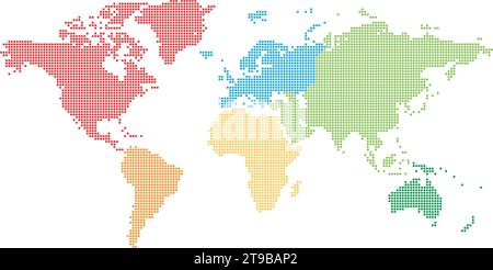 Mappa mondiale di triangoli con colori diversi di ogni continente. Design a mezzitoni. Semplice illustrazione vettoriale piatta. Illustrazione Vettoriale