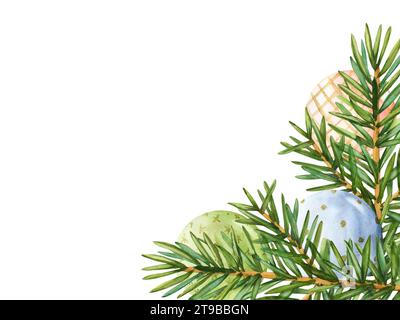 Rami dell'albero di natale ad acquerello decorati con palle di vetro blu, rosa e verde appese a un nastro dorato. Illustrazione degli ornamenti natalizi ad acquerello per Foto Stock