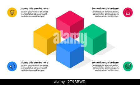 Modello infografico con icone e 4 opzioni o passaggi. Cubi. Può essere utilizzato per il layout del flusso di lavoro, il diagramma, il banner, il webdesign. Illustrazione vettoriale Illustrazione Vettoriale