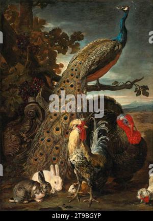 Peacock, Turkey, Rabbits, and Cockerel in a Landscape - di David De Coninck Foto Stock