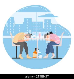Illustrazione vettoriale del problema di alcolismo. Stile di vita malsano. Alcolizzato. Abitudine cattiva e dannosa. Uomo e donna ubriachi sdraiati sul tavolo con bottiglia e bicchiere. Illustrazione Vettoriale