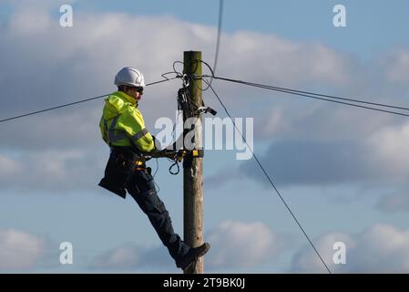 Un ingegnere delle telecomunicazioni maschio che ripara un cavo telefonico nella parte superiore di un palo del telefono/telegrafo in un villaggio rurale nel Regno Unito un lavoratore a portata aperta Foto Stock