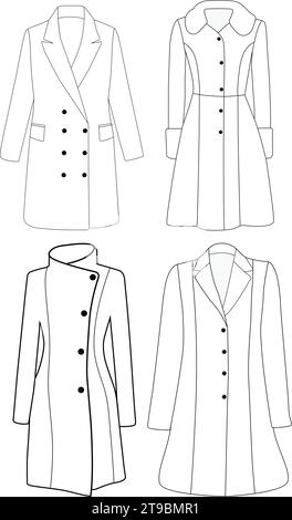 Trench doppiopetto da donna con design vettoriale, cappotto lungo da donna, illustrazione vettoriale, disegno tecnico piatto. Illustrazione Vettoriale