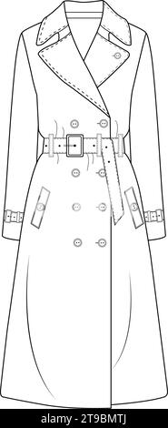 Trench doppiopetto da donna con design vettoriale, cappotto lungo da donna, illustrazione vettoriale, disegno tecnico piatto. Illustrazione Vettoriale