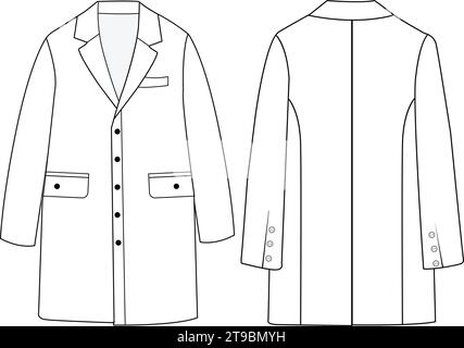 Trench doppiopetto da donna con design vettoriale, cappotto lungo da donna, illustrazione vettoriale, disegno tecnico piatto. Illustrazione Vettoriale