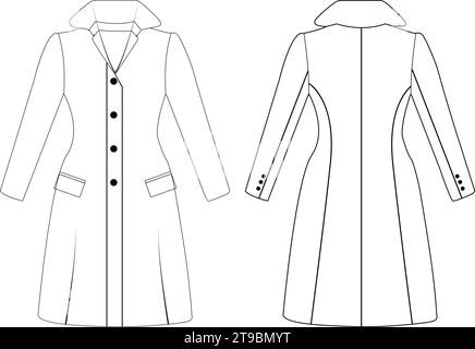 Trench doppiopetto da donna con design vettoriale, cappotto lungo da donna, illustrazione vettoriale, disegno tecnico piatto. Illustrazione Vettoriale