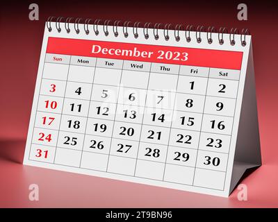 Dicembre 2023. Una pagina del calendario mensile annuale del business desk. rendering 3d. Foto Stock