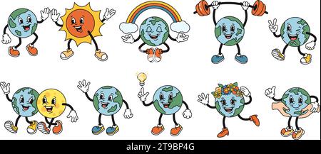 Pianeta dei cartoni animati Terra. Mascotte a globo con Sole e Luna in stile tubo flessibile in gomma anni '1930. Insieme di illustrazioni vettoriali isolate Illustrazione Vettoriale
