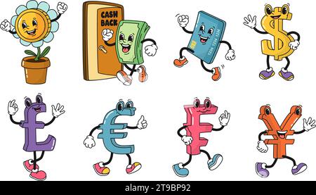 Mascotte della finanza dei cartoni animati. Cartelli in dollari ed euro, cash back, moneta di deposito come set di illustrazioni vettoriali di fiori e carte bancarie Illustrazione Vettoriale