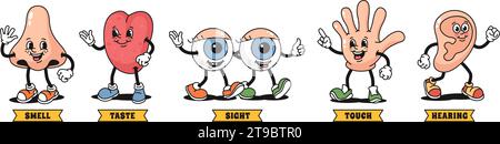 Cartoon 5 Senses. Personaggi mascotte con odore, gusto, vista, tatto e udito in un set di illustrazioni vettoriali in stile tubo flessibile in gomma anni '1930 Illustrazione Vettoriale