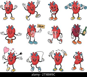 Mascotte del cuore umano dei cartoni animati. Carattere cuore danneggiato e disagio, abitudini sane e cuori felici personaggi in stile tubo di gomma anni '1930 vettore Illustrazione Vettoriale