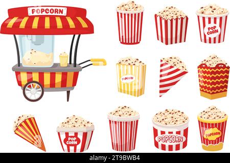 Macchina e scatole per popcorn da cartoni animati. Supporto per pop corn per negozi di alimentari con contenitori per imballaggi di varie dimensioni, set illustrativo vettoriale Illustrazione Vettoriale