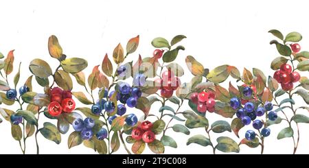 Illustrazione ad acquerello, bordo senza cuciture disegnato a mano su sfondo bianco. Mirtilli della foresta, lingonberries, ramoscelli, foglie. Foto Stock