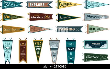 Adventure Pennants. Collezione di striscioni per gli appassionati di outdoor e campeggio con campo forestale selvaggio, montagna ed esplora il set vettoriale di design Illustrazione Vettoriale