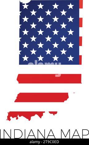 Mappa dello stato dell'Indiana con illustrazione 3d della bandiera americana, isolata su sfondo bianco Illustrazione Vettoriale