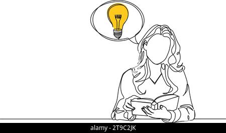 disegno continuo a riga singola di una donna che ha un'idea, bolla vocale con lampadina, illustrazione vettoriale della line art Illustrazione Vettoriale