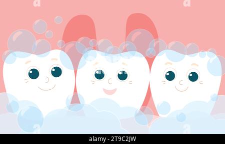 Denti deliziosi in una bocca rosa morbida e sana in fiale dentifricio. Personaggi divertenti illustrano l'igiene dentale. I denti sono felici e sorridenti. Cura e guarigione Illustrazione Vettoriale