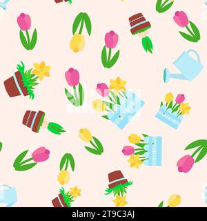 Fiori primaverili dal motivo senza cuciture, tulipani e narcisi, lattine e recinzioni innaffianti. Ornamenti per tessuti, imballaggi, design di sfondo in stile cartone animato. Illustrazione Vettoriale