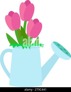 L'illustrazione vettoriale di tulipani rosa in innaffiatura blu può essere isolata su sfondo bianco. Stile semplice e piatto per illustrare la primavera e il giardinaggio. Illustrazione Vettoriale