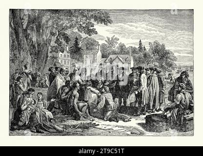 Un'antica incisione raffigurante il Trattato di Penn con gli indiani (o trattato di Penn con gli indiani a Shackamaxon (attuale Fishtown), Pennsylvania, USA nel 1683. È tratto da un libro di storia americana del 1895. William Penn sottoscrive il trattato con Tamanend, un capo del clan delle tartarughe Lenape (Delaware Indian), sotto un olmo vicino al villaggio di Shackamaxon. La pace tra il Lenape Turtle Clan e i successori di Penn durò per oltre 70 anni, fino al massacro di Penn's Creek del 1755. Foto Stock