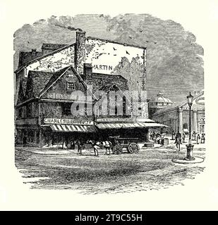 Una vecchia incisione dell'edificio in cui si dice che il terreno per il Boston Tea Party fosse nato a Dock Square, Boston, Massachusetts, USA nel 1773. È tratto da un libro di storia americana del 1895. Il Boston Tea Party fu una protesta politica e mercantile americana del 16 dicembre 1773, dei Sons of Liberty a Boston nel Massachusetts coloniale. L'obiettivo era il Tea Act, che permetteva alla compagnia britannica delle Indie orientali di vendere il tè nelle colonie senza pagare la maggior parte delle tasse. I manifestanti distrussero un'intera spedizione di tè, imbarcandosi sulle navi e gettando le casse del tè nel porto di Boston Foto Stock