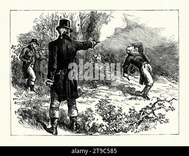 Una vecchia incisione del duello tra Aaron Burr e Alexander Hamilton, a Weehawken, New Jersey, USA all'alba dell'11 luglio 1804. È tratto da un libro di storia americana del 1895. Aaron Burr, vicepresidente degli Stati Uniti, e Alexander Hamilton, ex Segretario del Tesoro. C'era un'amara rivalità tra i due politici di alto profilo. Nel duello Burr ha sparato a Hamilton nell'addome. Hamilton è stato preso per le cure a New York, ma è morto il giorno dopo. Il duello pose fine alla carriera politica di Burr, poiché fu diffamato per aver sparato a Hamilton. Foto Stock