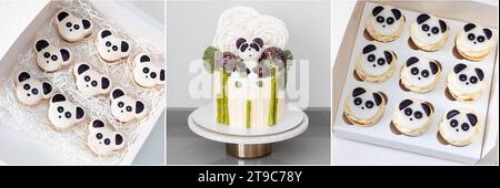 Collage di compleanno a tema Panda. Torta con grazioso orso panda, cupcake e macaron dipinti come orsi panda. Primo piano. Sfondo semplice Foto Stock
