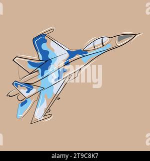 Jet fighter Sukhoi su-27 illustrazione vettoriale. Aereo da caccia che vola nel cielo disegnando in stile moderno minmal art, poster, stampa, logo, icona. Illustrazione Vettoriale