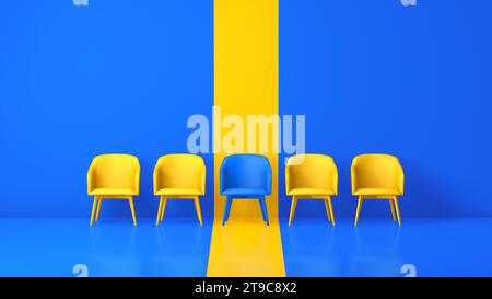 Una sedia blu che si distingue dalla folla delle sedie gialle su uno sfondo blu giallo Studio. Concetto aziendale. Rendering 3D. Foto Stock
