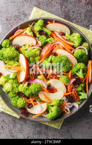 Insalata di mele broccoli a base di broccoli freschi, mele rosse, carote, mirtilli rossi secchi, cipolla rossa, primo piano dei dadi sulla piastra sulla barra. Verticale superiore Foto Stock