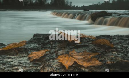 Tra la sinfonia nascosta della cascata, le foglie autunnali decorano delicatamente la scena, dipingendo il capolavoro della natura in sfumature di bellezza serena. Vintage Foto Stock