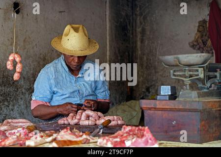 Macellaio malgascio che vende carne e salsicce al mercato nella città di Ambatolampy, regione di Vakinankaratra, Highlands centrali, Madagascar, Africa Foto Stock