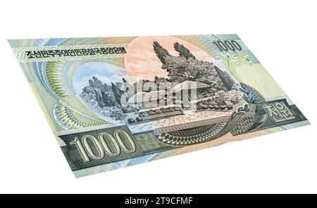 Luogo di nascita di Kim il Sung a Mangyongdae-guyok sul retro della banconota nordcoreana da 1000 won. Valuta nordcoreana Foto Stock
