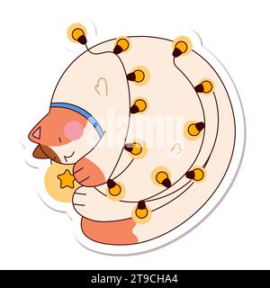 Simpatico gatto assonnato grasso dei cartoni animati con luci garland Illustrazione Vettoriale