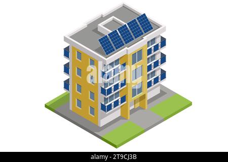 Pannelli solari isometrici sul balcone dell'appartamento. Piccolo sistema di energia per pannelli solari. Piccolo sistema di energia solare locale sul balcone. Illustrazione Vettoriale