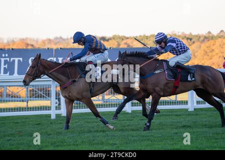 Ascot, Regno Unito. 24 novembre 2023. Horse Hold che ha insegnato (n° 8) guidato dal fantino Charlie Deutsch vince l'All Seasons Sponteggio handicap Steeple Chase all'ippodromo di Ascot al November Racing Friday. Proprietario P Davies. Trainer Venetia Williams, Hereford. Credito: Maureen McLean/Alamy Live News Foto Stock