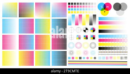 Tacche colorate CMYK. Contrassegni di registrazione e regolazione del colore per la stampa, la prestampa e la serigrafia. Serie isolata della tavolozza dei toni cmyk vettoriale di illustrazione della stampa a inchiostro cmyk Illustrazione Vettoriale