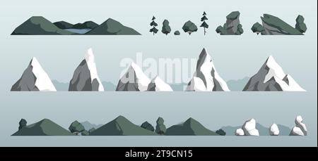 Montagne e colline. Paesaggio da cartoni animati con cime e creste, vista panoramica sulle cime delle montagne e creste con alberi e rocce. Illustrazione vettoriale piatta della montagna di picco del paesaggio dei cartoni animati Illustrazione Vettoriale