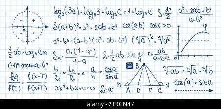 Simboli matematici disegnati a mano. Lavagna con equazione e calcoli integrali, trigonometria e algebrici. Insieme vettoriale isolato di matematica didattica a bordo illustrazioni Illustrazione Vettoriale